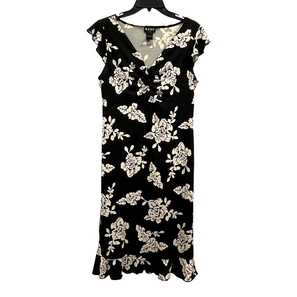 Black Ivory Floral Midi Dress Ruched V-Neck Flutter Sleeve Ruffle Hem M BCBG